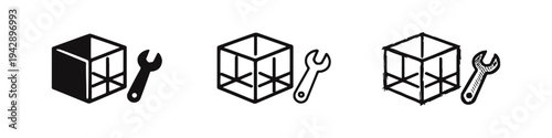 Cube or box icon with a wrench, symbolizing product development, customization, and engineering solutions.