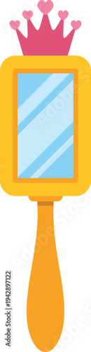 Golden hand mirror with a pink crown and hearts symbolizing beauty and fairy tales