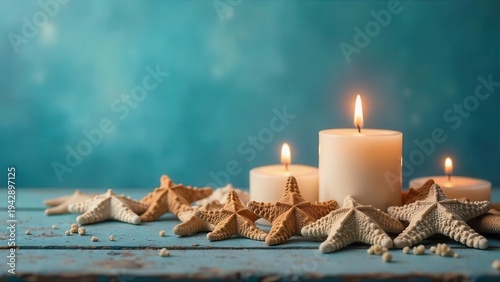 Wallpaper Mural Serene Coastal Still Life Starfish Adorn Burning Candles on Weathered Wooden Surface Against a Teal Background Torontodigital.ca