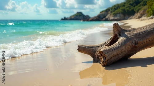 Wallpaper Mural Sun-Kissed Shoreline Weathered Driftwood Rests on a Sandy Beach with Gentle Waves Rolling In, a Serene Coastal Scene Torontodigital.ca