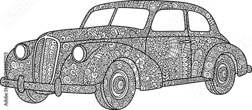 Detailed Black and White Vintage Car with Intricate Floral Patterns.
