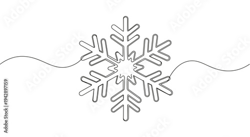 Contour line artwork of a snowflake isolated on a transparent background with intricate details and sharp angles representing winter and cold elements in nature.