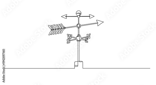 Contour line artwork of a weather vane displaying direction with arrows on a transparent background featuring minimalist design and clear lines in black and white aesthetics.