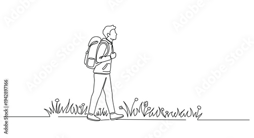Contour line artwork of a man hiking with a backpack in a grassy field on a transparent background, showcasing minimalist style and simple line drawing techniques.