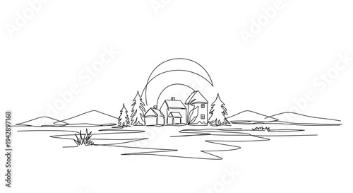Contour line artwork of a tranquil landscape with mountains, a house, and trees reflecting on water at sunset on a transparent background