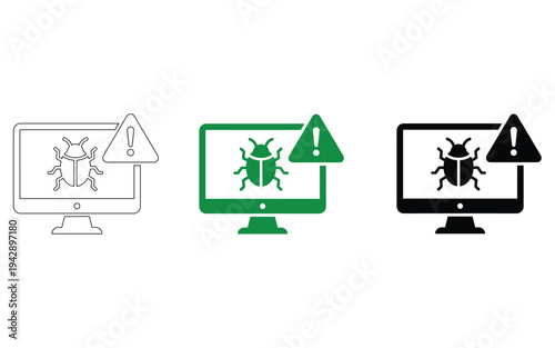 Computer Bug and Malware Security Warning Icon Set for Software Debugging and Cybersecurity System Threats