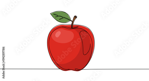 Contour line artwork of a red apple with a green leaf on a transparent background, showcasing its round shape and glossy texture in a minimalist style.