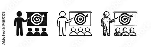 Person presenting to an audience, pointing at a target on a screen, illustrating goal setting and marketing strategy.