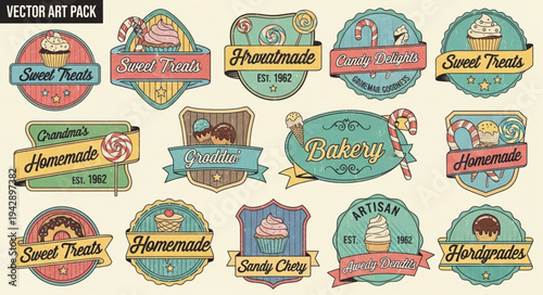 Collection of vintage sweet treat bakery labels and badges.