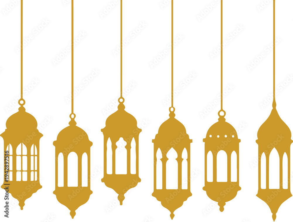 Fototapeta premium Set of 6 silhouette arabic lanterns hanging transparent