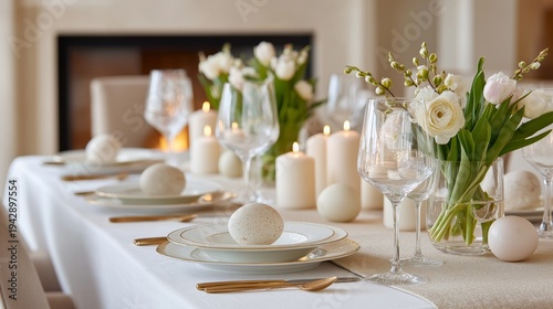 Easter table decoration eggs porcelain plates candle dinner celebration concept. Festive dining table with eggs flowers glassware representing holiday meal and celebration
