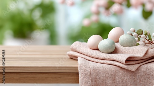 Easter eggs spring decoration willow branch table background seasonal concept. Colored eggs on linen cloth with ceramic bowl and willow branches on wooden table. Easter decoration eggs spring branch 