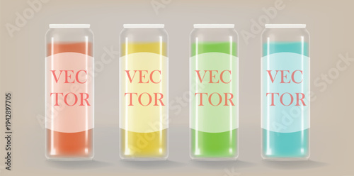 Four plastic cans. Cylindrical plastic containers with juice. 3D vector mockup