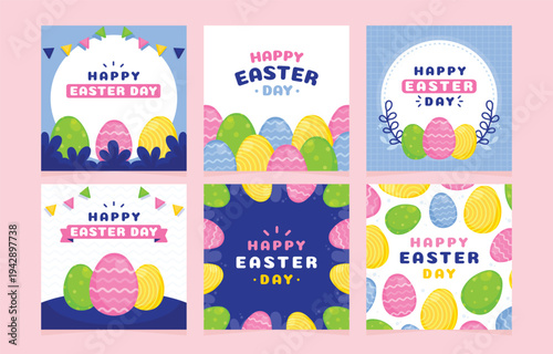 Colorful easter day greeting card collection with eggs and festive designs