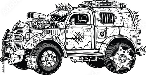 Heavily Modified PostApocalyptic Armored Vehicle with Spiked Armor and Rugged Wheels.