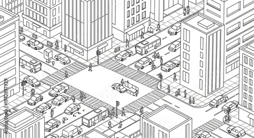 Isometric Cityscape Illustration with Busy Streets and Buildings.