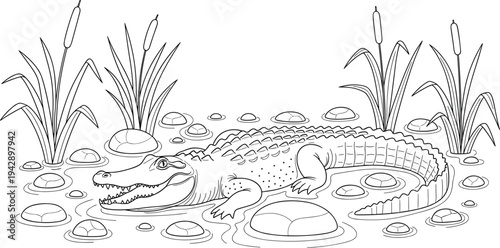Crocodile in water with rocks and plants cattails