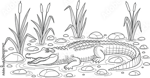 Crocodile in water with rocks and plants cattails 1