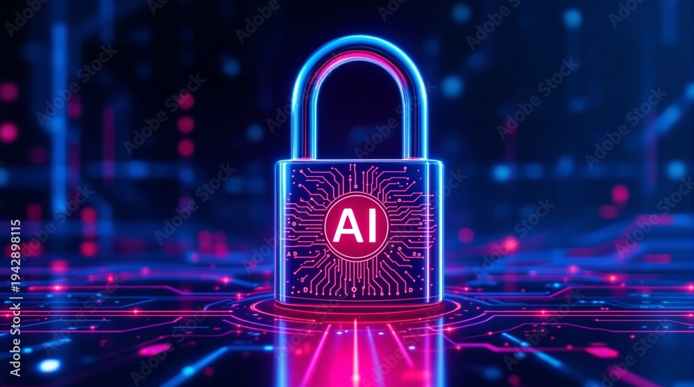 Obraz premium Digital padlock with AI symbol representing artificial intelligence and cybersecurity protection for data