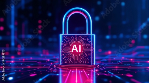 Digital padlock with AI symbol representing artificial intelligence and cybersecurity protection for data