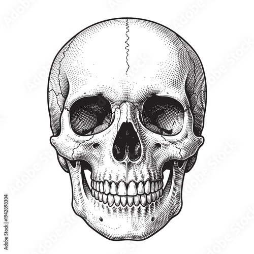 Skull, Calavera, Skeleton. Dead symbol. Frontal Human Skull Illustration in Vintage Engraving Style
