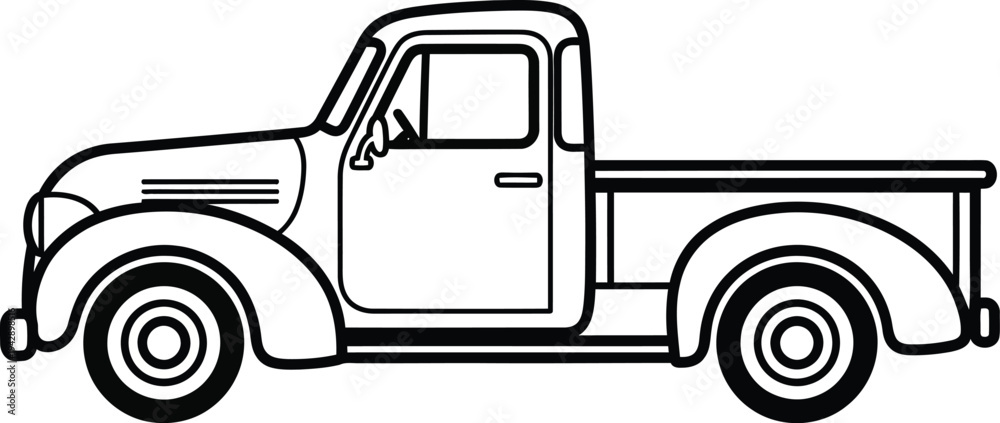 Fototapeta premium Outlined Vintage Pickup Truck in Side Profile Black and White Illustration.