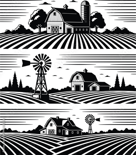 Farm scene silhouette illustration set, rural agriculture artwork, barn windmill vector design, countryside graphic icon, black white landscape symbol