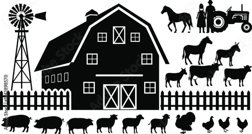 Farm scene silhouette illustration set, rural agriculture artwork, barn windmill vector design, countryside graphic icon, black white landscape symbol