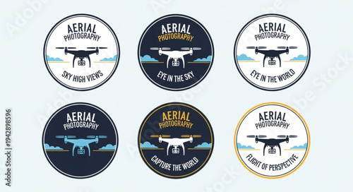 Set of six circular emblems featuring a drone silhouette.