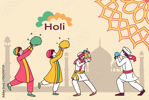 Colorful group of animated characters walking towards a vibrant, sunny destination together