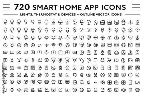 Collection of 720 smart home app icons for lights, thermostat, and devices in outline vector style