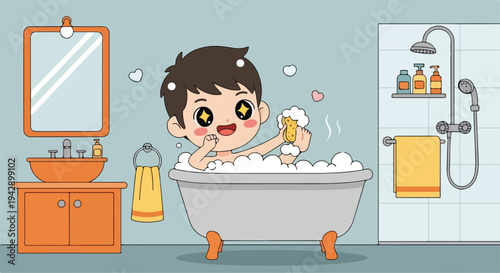 A cheerful cartoon boy playing with soap bubbles in a bathtub surrounded by bathroom essentials with a warm and playful mood.