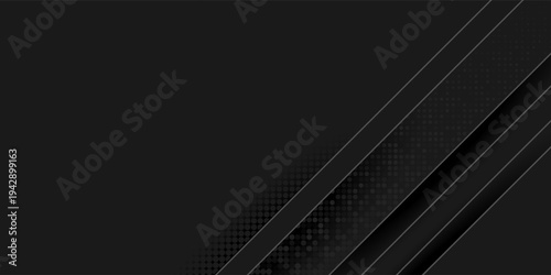 Black abstract background design. Modern wavy line pattern (guilloche curves) in monochrome colors. Premium stripe texture for banner, business backdrop. Dark horizontal vector template