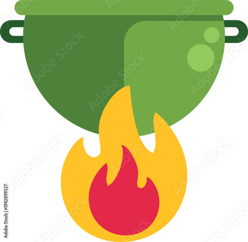 Green cauldron with handles heating up on a fire flame