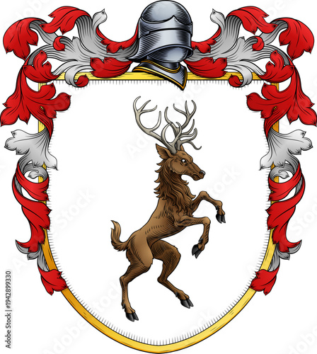 Male deer or stag hart coat of arms or crest family heraldry medieval heraldic knight shield. With helmet and acanthus filigree scroll ornament in a vintage woodcut style.