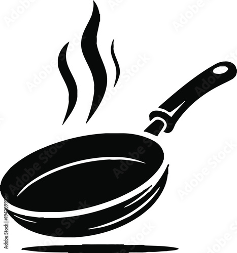Frying pan with spoon vector illustration isolated kitchen utensil black and white skillet cookware