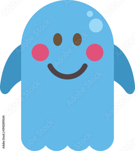 Blue ghost character smiling with pink cheeks on a white background