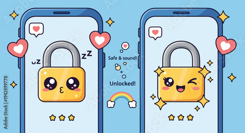 Two cartoon smartphone screens display animated padlocks with smiling faces and hearts on a light blue background with sparkles and a rainbow.