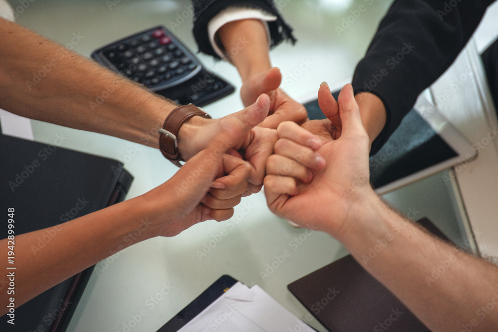Fototapeta premium Banner top view business people meeting together at office desk conference room. Panorama Diversity Hands join empower partner teams connection Mergers acquisitions social community teamwork mission