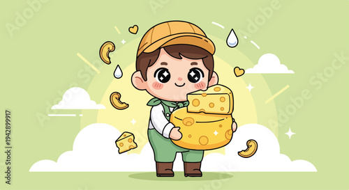 A cheerful cartoon boy holding a large block of cheese with pieces flying around him in a whimsical outdoor setting with soft green background.