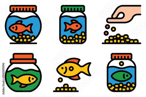 Goldfish aquarium icon set with feeding hand pet fish in glass jars and aquatic accessories in flat line art style for domestic animal care