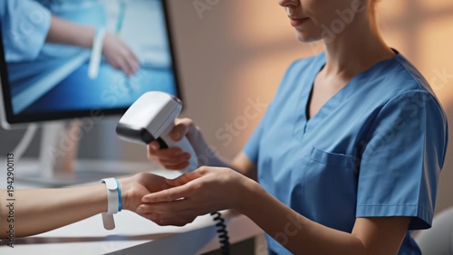 Female healthcare worker in blue scrubs scans wristband with handheld device while monitoring computer screen in a medical office setting