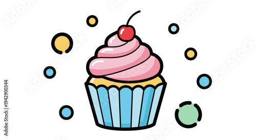 Deliciously Sweet Cupcake Illustration with Pink Frosting, a Bright Red Cherry, and Festive Bubbles for Celebration