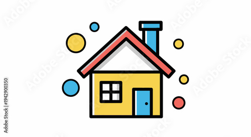 Vibrant and charming illustrated home icon with playful colorful bubbles, symbolizing a fresh, clean, and welcoming residential living space