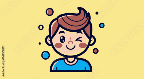 Playful cartoon boy illustration winking with a happy smile, showcasing an adorable character icon for children's designs and cheerful themes