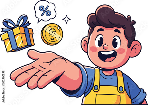 Happy young man character catching gift box and gold coin rewards vector