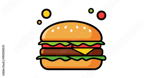 Delicious cartoon burger illustration with fresh ingredients and a playful design element