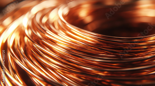 Wallpaper Mural Copper wire coil close up with shiny metallic texture and warm lighting creating glowing effect in industrial setting Torontodigital.ca