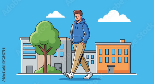 Illustration of a young man walking on a city street with buildings and trees in the background