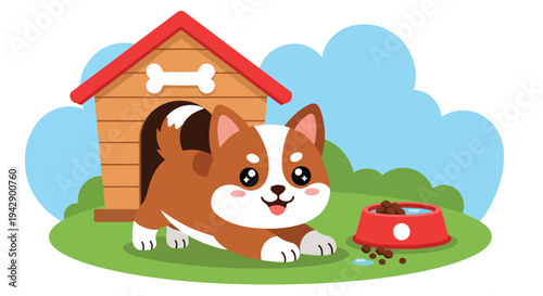 A brown and white cartoon dog lying on green grass in front of a wooden doghouse with a red roof and a bowl of food, with a playful and cheerful mood.